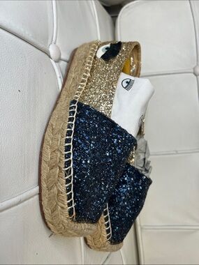 Chiara Ferragni Gold & Navy Glitter Espadrille Platforms